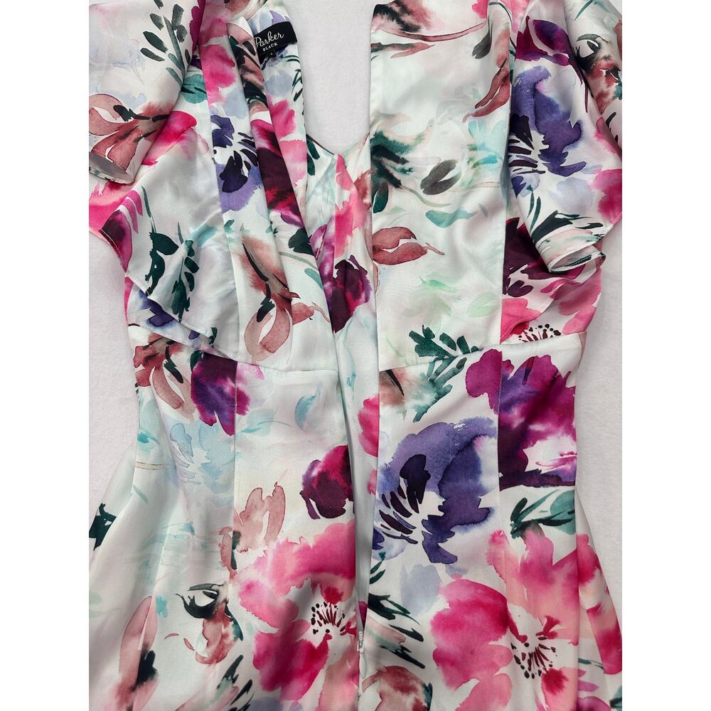 Parker Black Charlotte Watercolor Floral Satin High Low Midi Dress Size 4 - Picture 7 of 14